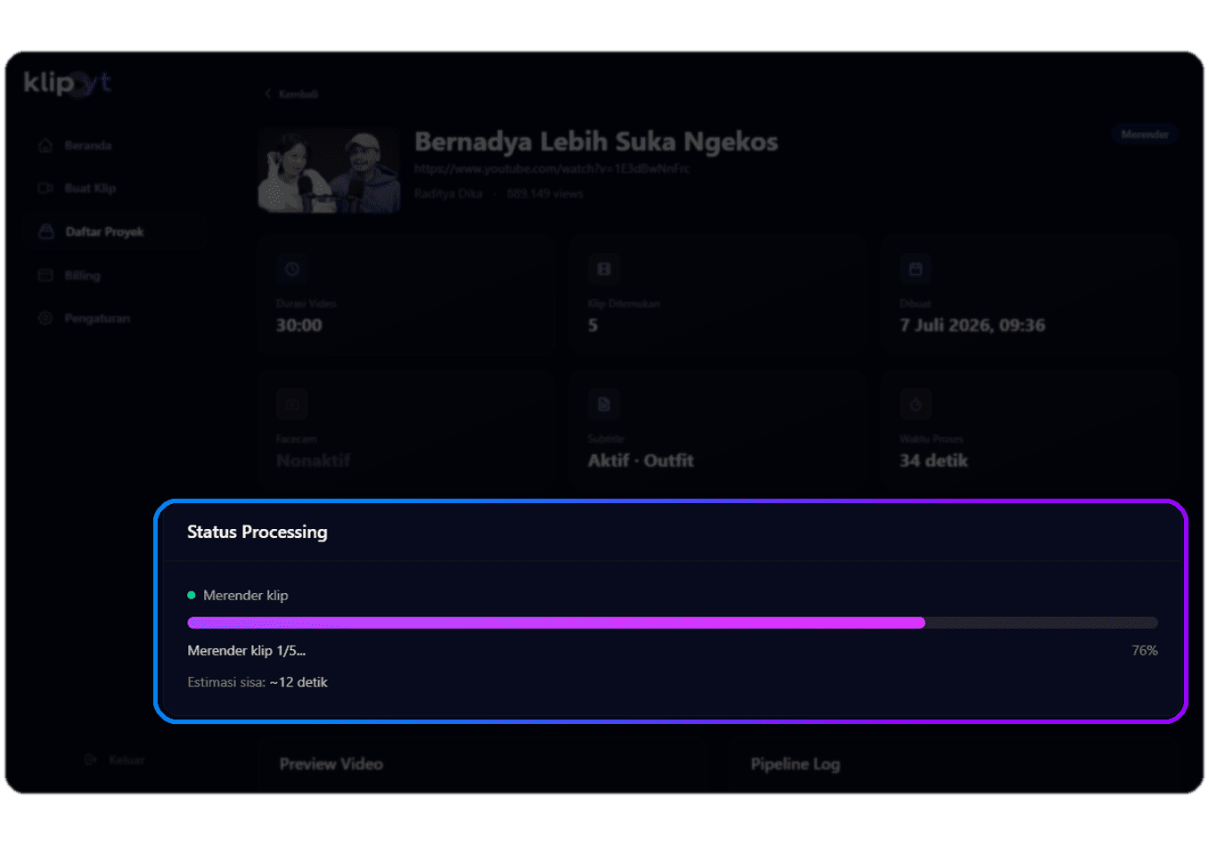 Proses transkripsi otomatis dan analisis momen viral oleh AI Klip.yt
